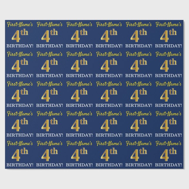 Blue, Imitation Gold Look "4th BIRTHDAY" Wrapping Paper (Flat)