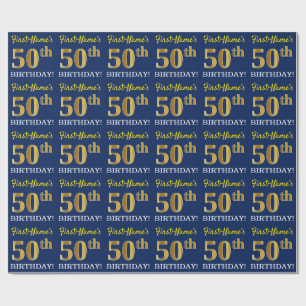 Blue, Imitation Gold Look "50th BIRTHDAY" Wrapping Paper