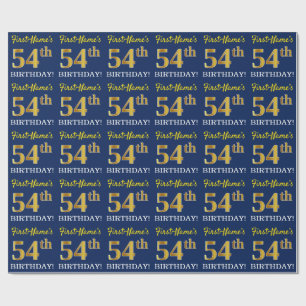 Blue, Imitation Gold Look "54th BIRTHDAY" Wrapping Paper