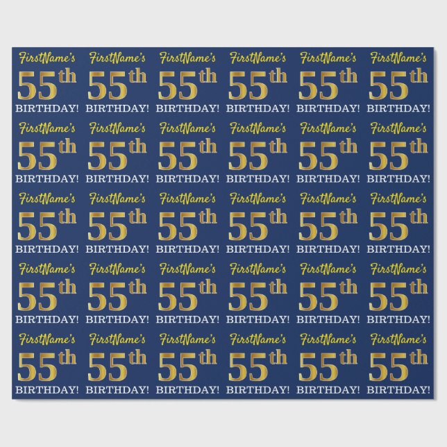 Blue, Imitation Gold Look "55th BIRTHDAY" Wrapping Paper (Flat)