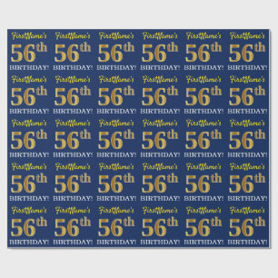 Blue, Imitation Gold Look "56th BIRTHDAY" Wrapping Paper