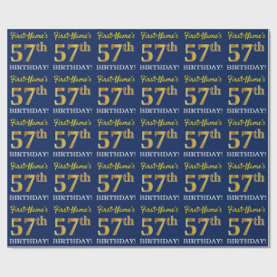Blue, Imitation Gold Look "57th BIRTHDAY" Wrapping Paper