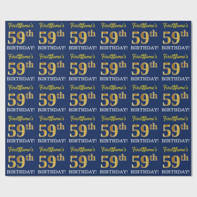 Blue, Imitation Gold Look "59th BIRTHDAY" Wrapping Paper (Flat)