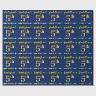 Blue, Imitation Gold Look "5th BIRTHDAY" Wrapping Paper