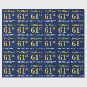 Blue, Imitation Gold Look "61st BIRTHDAY" Wrapping Paper