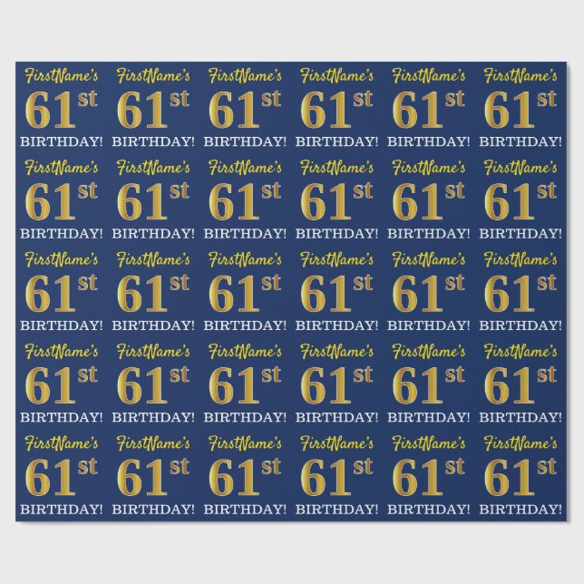 Blue, Imitation Gold Look "61st BIRTHDAY" Wrapping Paper (Flat)