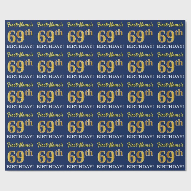 Blue, Imitation Gold Look "69th BIRTHDAY" Wrapping Paper (Flat)