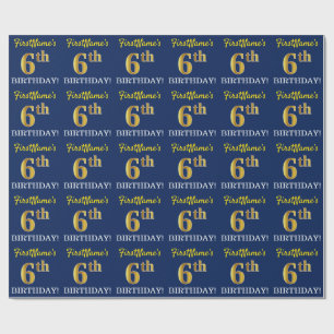 Blue, Imitation Gold Look "6th BIRTHDAY" Wrapping Paper
