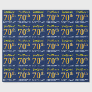 Blue, Imitation Gold Look "70th BIRTHDAY" Wrapping Paper