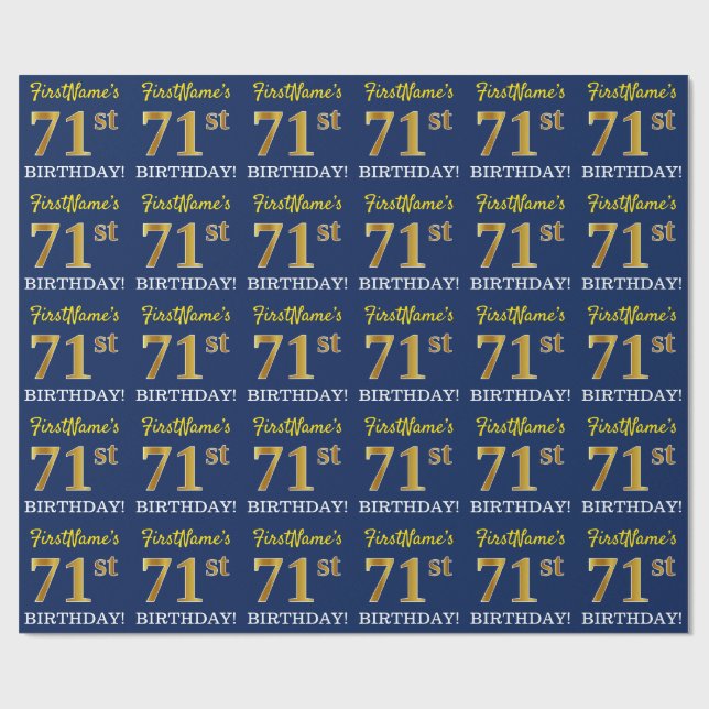 Blue, Imitation Gold Look "71st BIRTHDAY" Wrapping Paper (Flat)