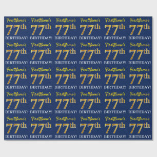 Blue, Imitation Gold Look "77th BIRTHDAY" Wrapping Paper