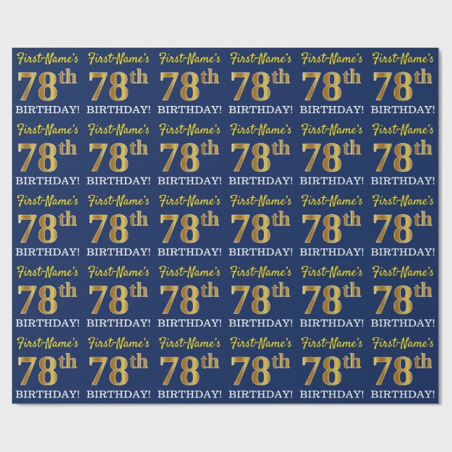 Blue, Imitation Gold Look "78th BIRTHDAY" Wrapping Paper (Flat)