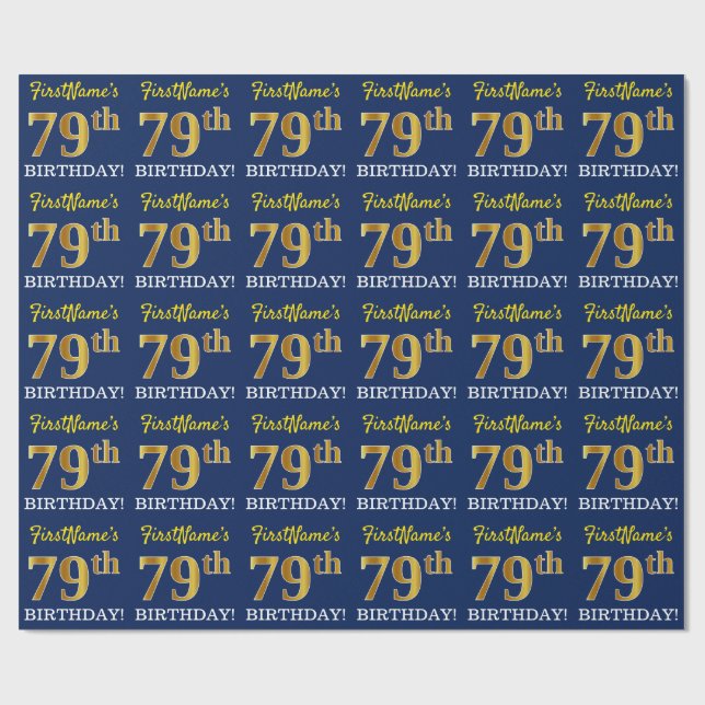 Blue, Imitation Gold Look "79th BIRTHDAY" Wrapping Paper (Flat)