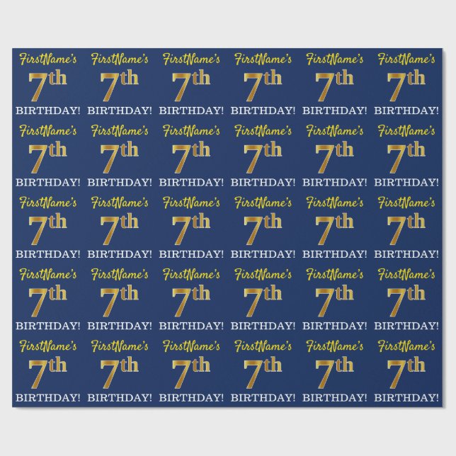 Blue, Imitation Gold Look "7th BIRTHDAY" Wrapping Paper (Flat)