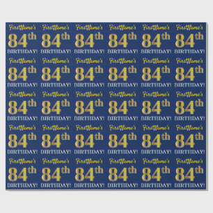 Blue, Imitation Gold Look "84th BIRTHDAY" Wrapping Paper