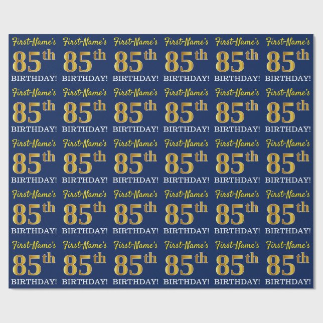 Blue, Imitation Gold Look "85th BIRTHDAY" Wrapping Paper (Flat)