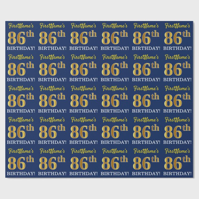 Blue, Imitation Gold Look "86th BIRTHDAY" Wrapping Paper (Flat)