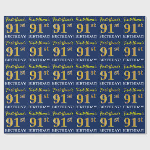 Blue, Imitation Gold Look "91st BIRTHDAY" Wrapping Paper