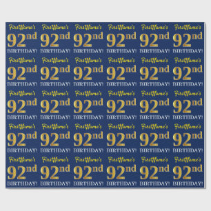 Blue, Imitation Gold Look "92nd BIRTHDAY" Wrapping Paper