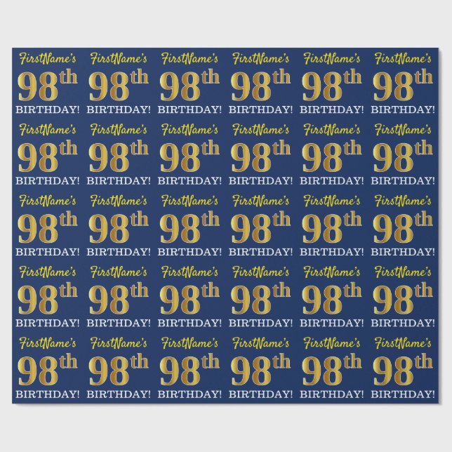 Blue, Imitation Gold Look "98th BIRTHDAY" Wrapping Paper (Flat)