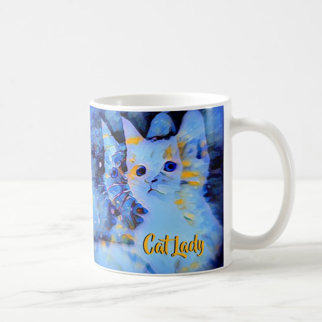 Blue Impressionist Kitten Art Cat Lady Monogram Coffee Mug (Right)