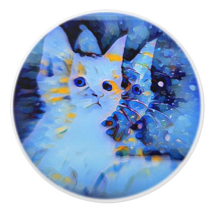 Blue Impressionist Style Kitten Art for Cat Lovers Ceramic Knob