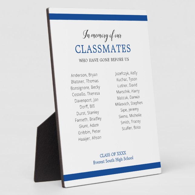 Blue In Memory Of Our Classmates Class Reunion Plaque (Side)