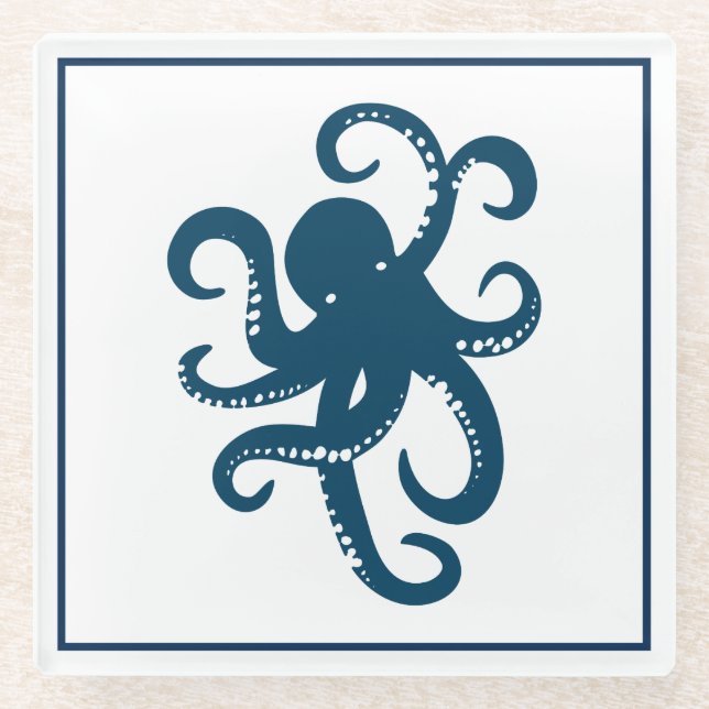 Blue In White Octopus Illustration Glass Coaster (Front)