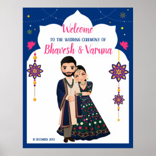 Blue indian design border hindu wedding welcome poster