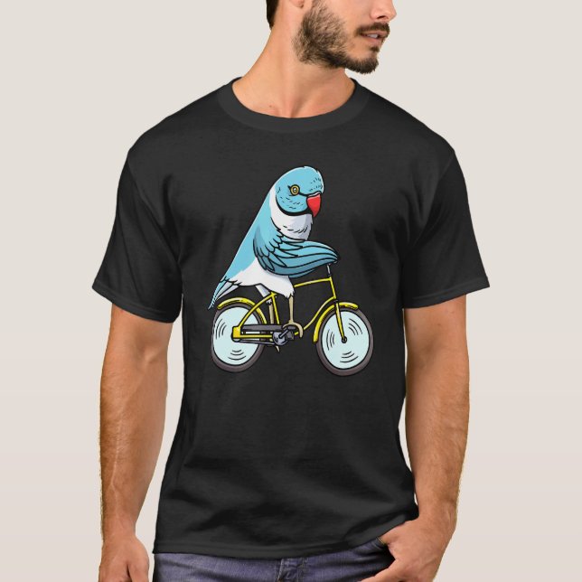Blue Indian Ringneck Bird Riding A Bike Parrot Bik T-Shirt (Front)
