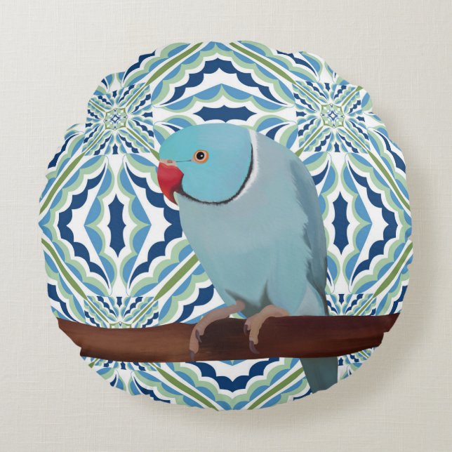 Blue Indian Ringneck Parakeet Round Cushion (Front)
