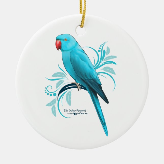 Blue Indian Ringneck Parrot Ceramic Tree Decoration (Front)