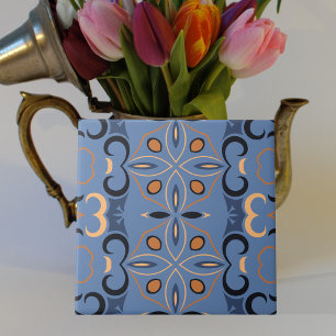 Blue Indigo And Orange Bohemian Ethnic Pattern Tile