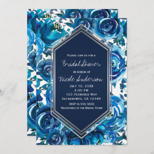 Blue Indigo Floral Flowers Elegant Bridal Shower Invitation
