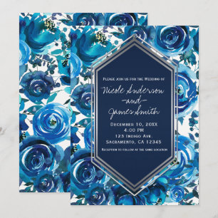 Blue Indigo Floral Flowers Elegant Chic Wedding Invitation