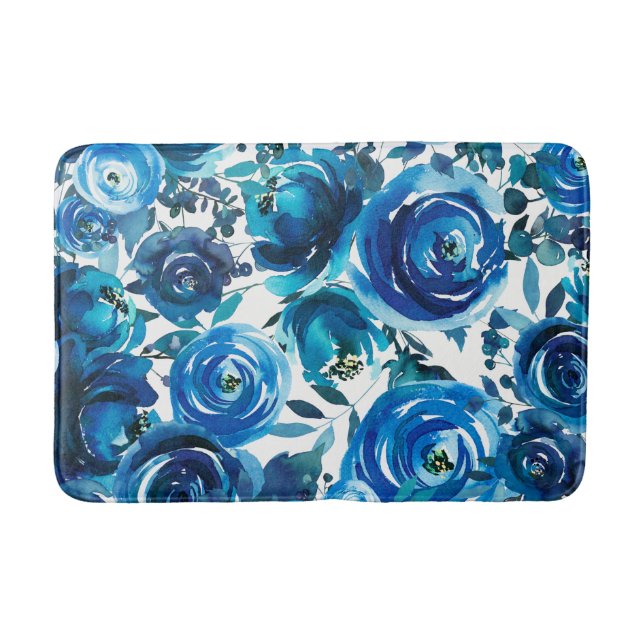 Blue Indigo Floral Flowers Elegant Shabby Chic Bath Mat (Front)