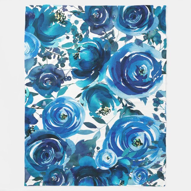 Blue Indigo Floral Flowers Elegant Shabby Chic Fleece Blanket (Front)