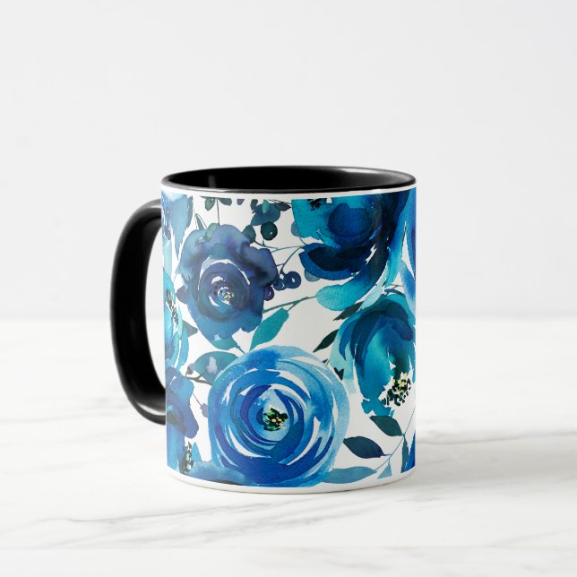 Blue Indigo Floral Flowers Elegant Shabby Chic Mug (Front Left)