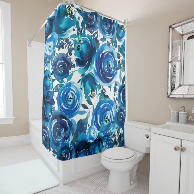 Blue Indigo Floral Flowers Elegant Shabby Chic Shower Curtain (In Situ)