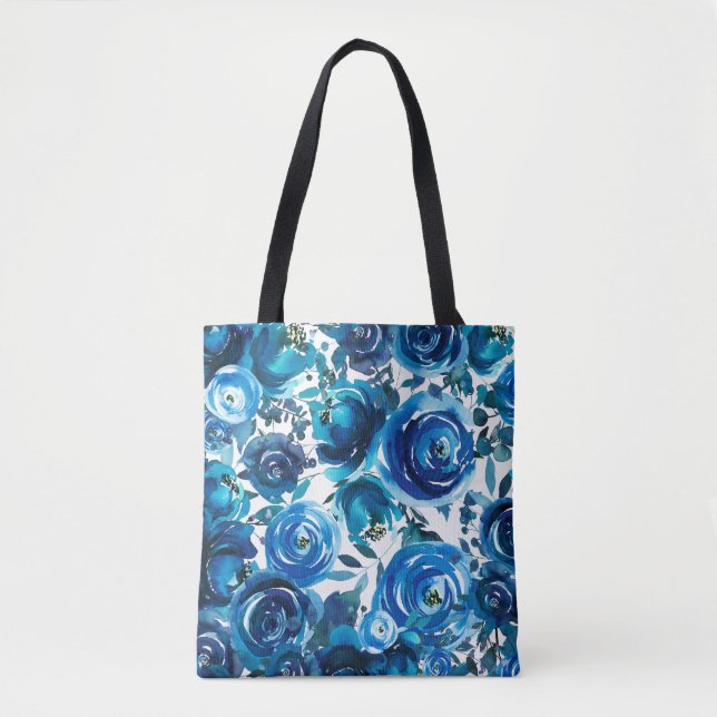 Blue Indigo Floral Flowers Elegant Shabby Chic Tote Bag (Front)