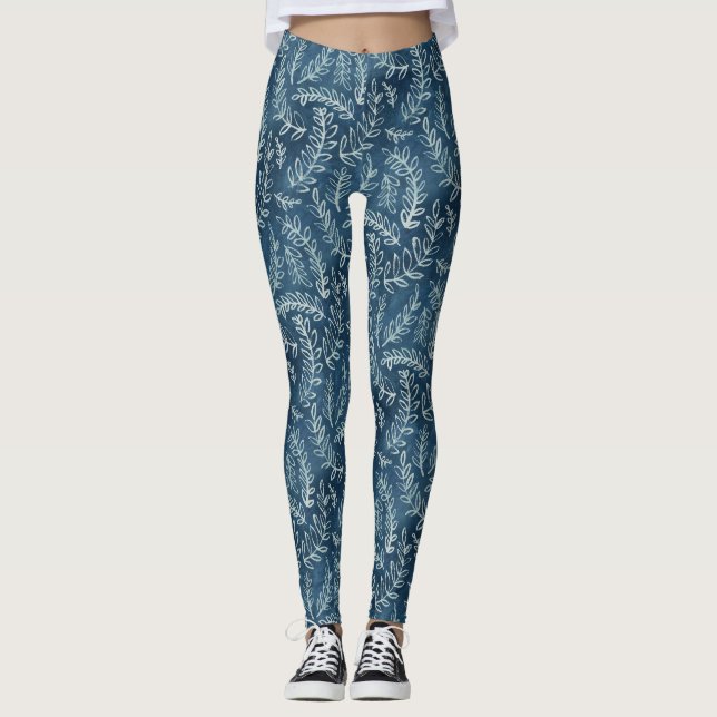 Blue Indigo Leaves Twigs Pattern Leggings (Front)