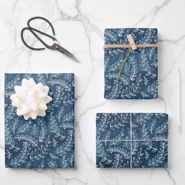 Blue Indigo Leaves Twigs Pattern Wrapping Paper Sheet (Front)