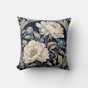 Blue Indigo Peony Floral  Cushion