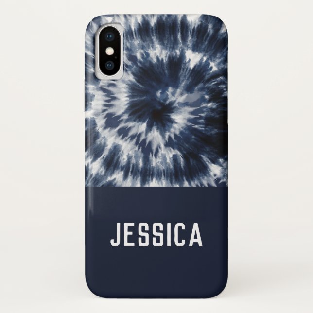 Blue Indigo Shibori Tie Dye Custom Name Case-Mate iPhone Case (Back)