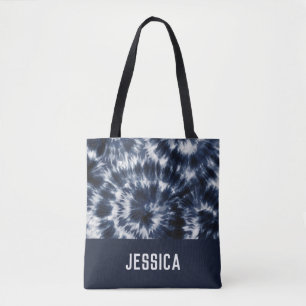 Blue Indigo Shibori Tie Dye Custom Name  Tote Bag