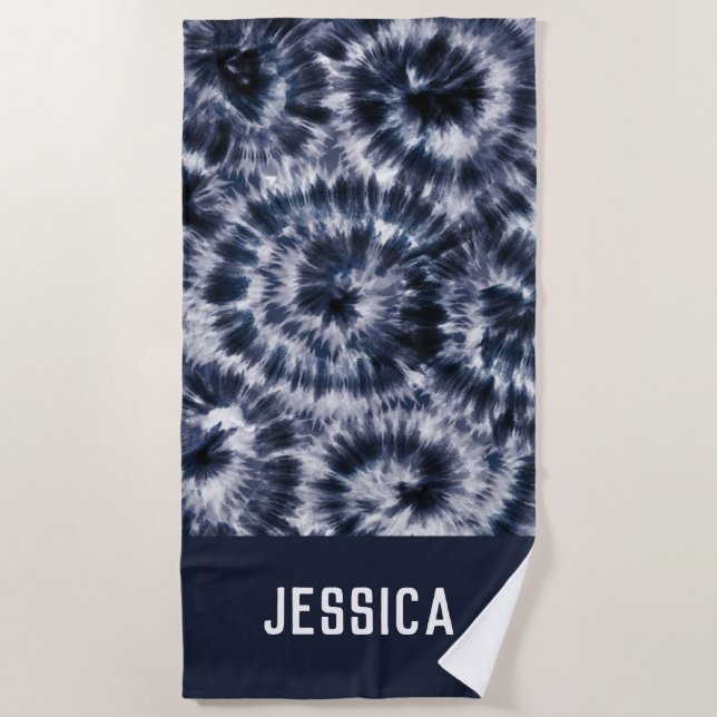 Blue Indigo Shibori Tie Dye Personalised Name Beach Towel (Front)
