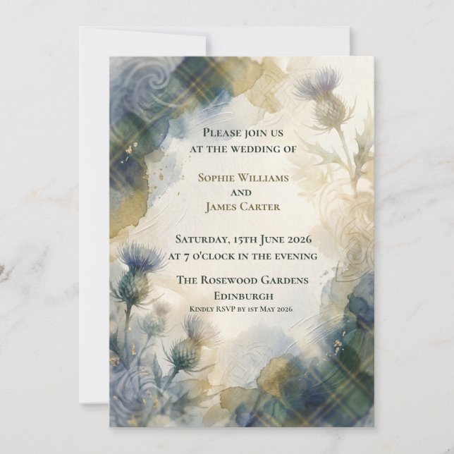 Blue Indigo Thistle Botanical Wedding Invitation (Front)