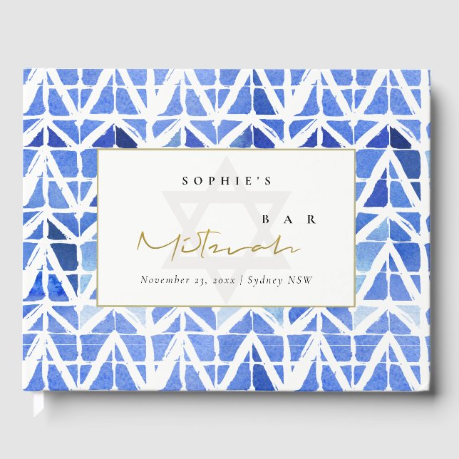BLUE INDIGO WATERCOLOR CHEVRON BAR BAT MITZVAH GUEST BOOK (Front)