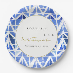 BLUE INDIGO WATERCOLOR CHEVRON BAR BAT MITZVAH PAPER PLATE