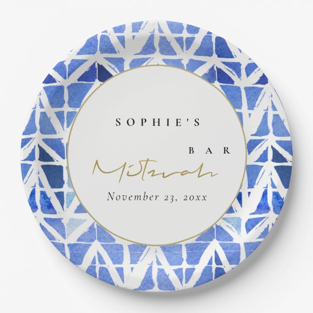 BLUE INDIGO WATERCOLOR CHEVRON BAR BAT MITZVAH PAPER PLATE (Front)